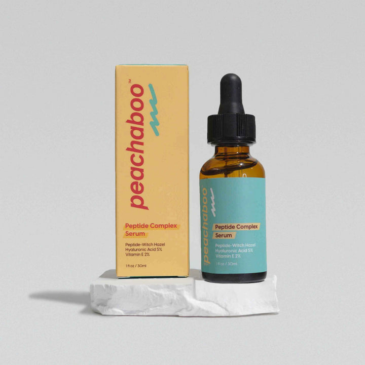 A 30ml bottle of Peachaboo Peptide Complex Serum, an anti-ageing treatment formulated with plant-based peptides to boost collagen production and reduce fine lines and wrinkles.
