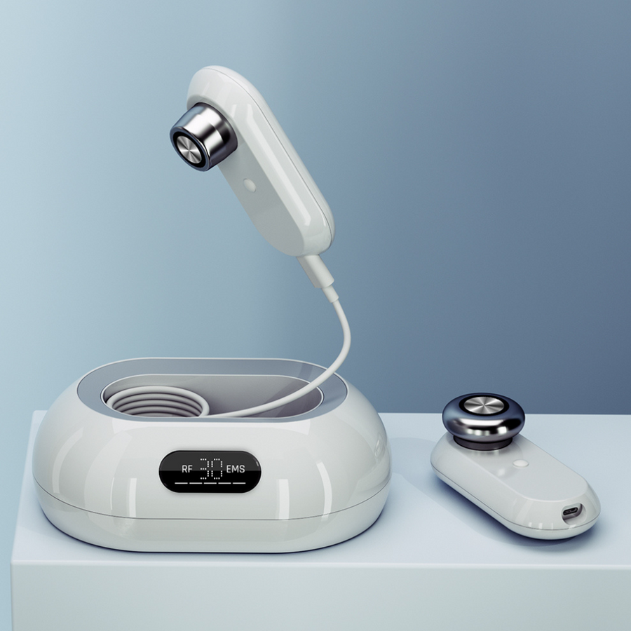 A white and silver Peachaboo Face and Body Skin Tightening Radio Frequency Device with a round probe connected by a cable to a charging base, displayed on a blue background. Help store juvenate the skin reduces fine lines and wrinkles.