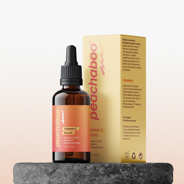 Peachaboo Vitamin C Serum 30ml bottle with a sleek design, promoting bright and healthy skin.