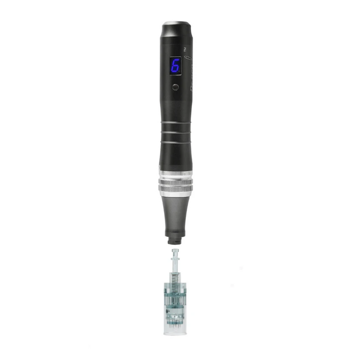 Dr pen M8 black microneedling pen attached to nano green pin cartridge
