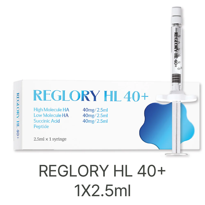 Reglory HL 40⁺ Hyaluronic Acid Skin Booster syringe & packaging on a white background 1 x 2.5ml