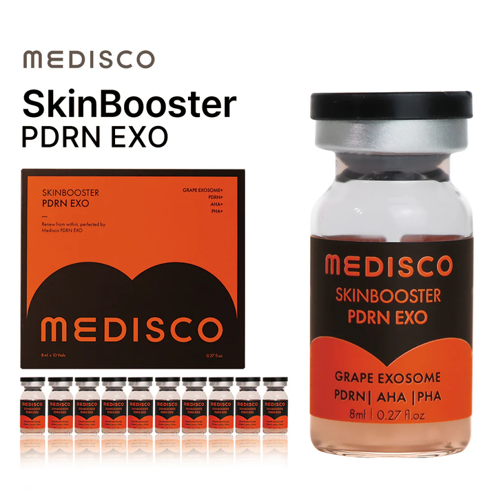 Medisco Skinbooster PDRN EXO, with its packaging and multiple vials displayed on a white background