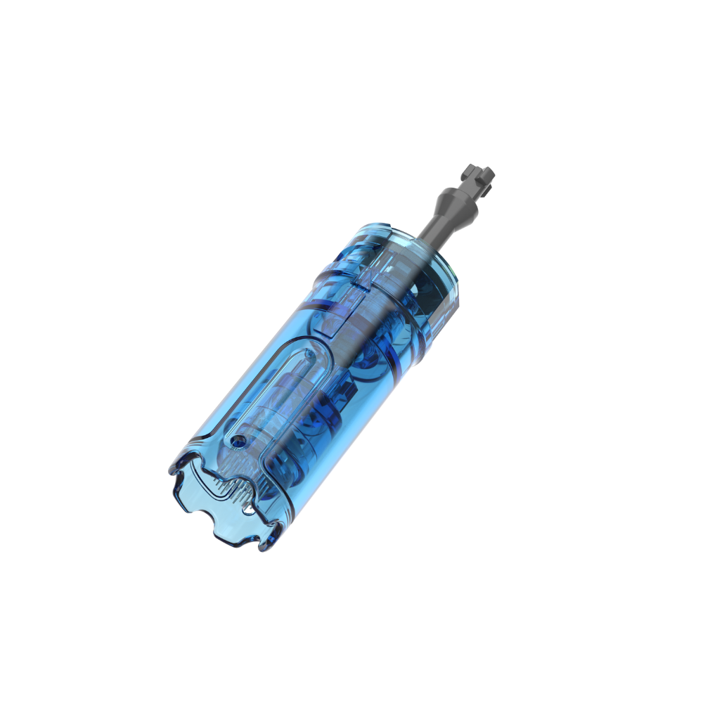 Angled view of a Dr. Pen M9 36-pin microneedling cartridge with a clear blue plastic body and metal needle tip.