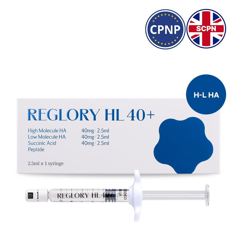 Reglory HL 40 skin booster syringe with packaging with CPNP & SCPN LOGO