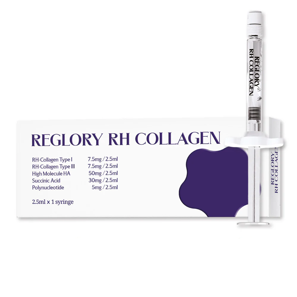 Reglory RH COLLAGEN Skin Revitalizer packaging with ingredient list and syringe positioned vertically beside it