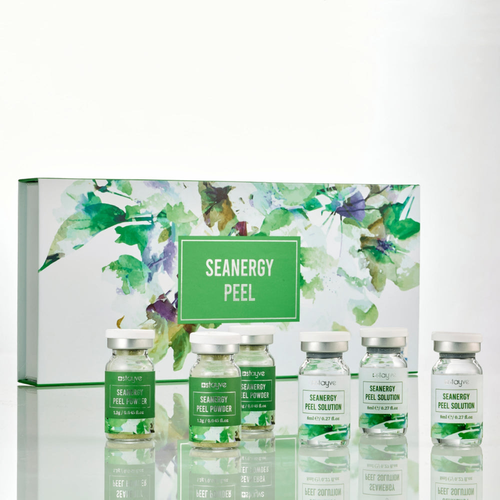 Stayve Seanergy Peel Solution & Powder Kit with peel powder and solution vials in front of box.