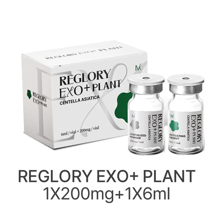 Reglory EXO⁺ PLANT Exosome Cica Skin Booster boxed set with lyophilized powder and activating diluent.