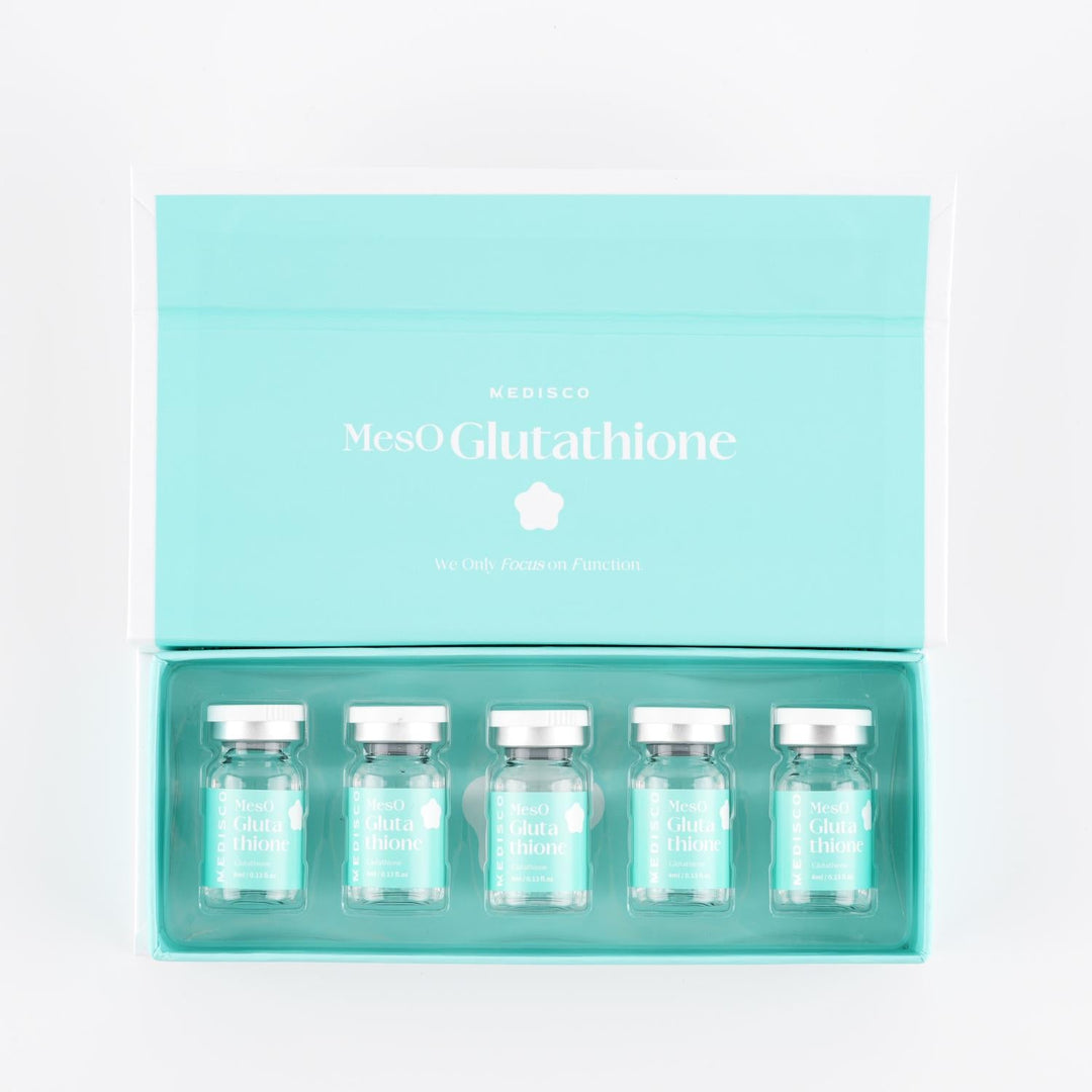 Open Medisco MesO Glutathione Ampoule box showing five neatly arranged treatment vials.