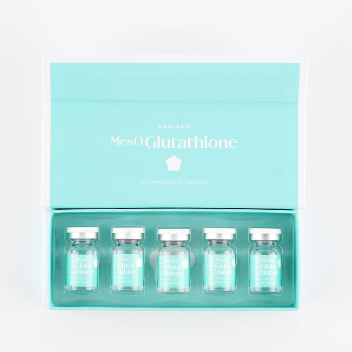 Open Medisco MesO Glutathione Ampoule box showing five neatly arranged treatment vials.