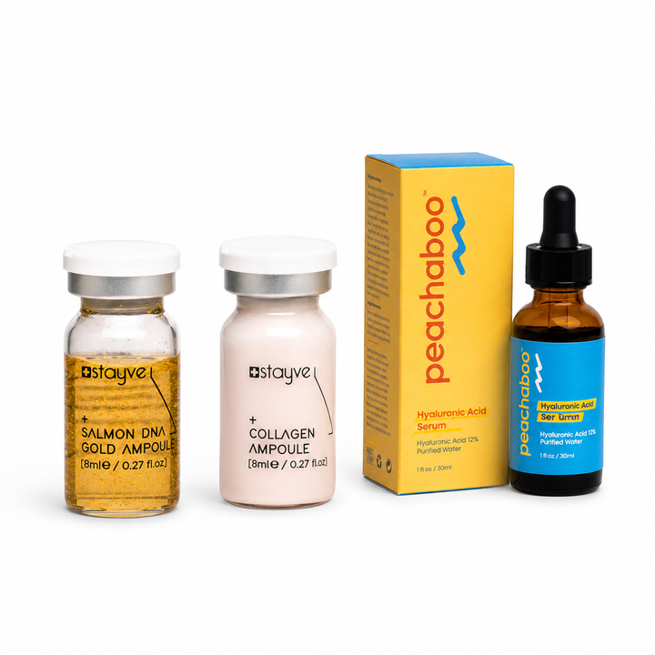 Featuring the Stayve Booster Starter Kit 2 (Microneedling Ampoule) Collagen (8ml x 10 vials) to support firmness and skin vitality, Peachaboo Hyaluronic Acid Serum for deep hydration and plumping, and Stayve Salmon DNA Gold Ampoule (8ml x 10 vials) to nourish, repair, and revitalise ageing skin.