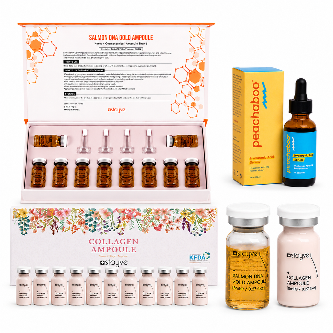 The complete serums: Featuring the Stayve Booster Starter Kit 2 (Microneedling Ampoule) Collagen (8ml x 10 vials) to support firmness and skin vitality, Peachaboo Hyaluronic Acid Serum for deep hydration and plumping, and Stayve Salmon DNA Gold Ampoule (8ml x 10 vials) to nourish, repair, and revitalise ageing skin.