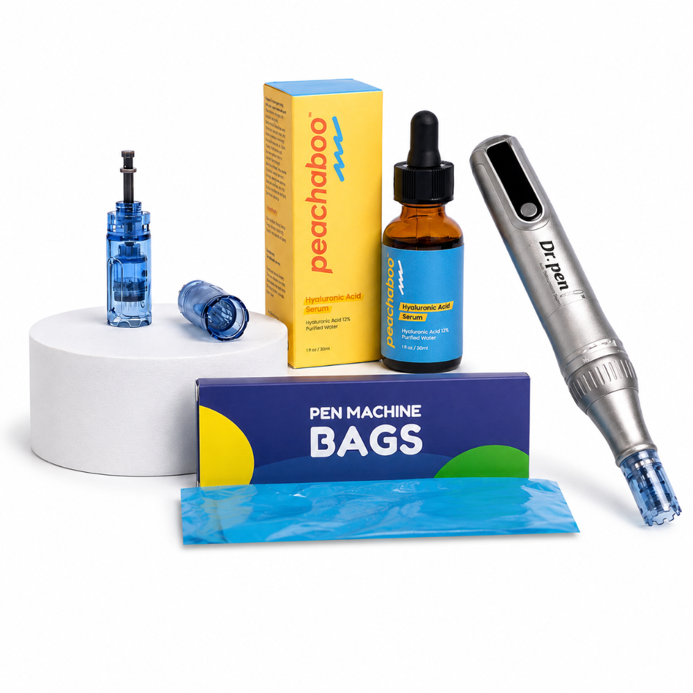 Featuring the Dr. Pen M8S microneedling pen, 18-pin cartridges, Peachaboo Hyaluronic Acid Serum 30ml for hydration, and a protective sleeve for your microneedling pen for safe storage.