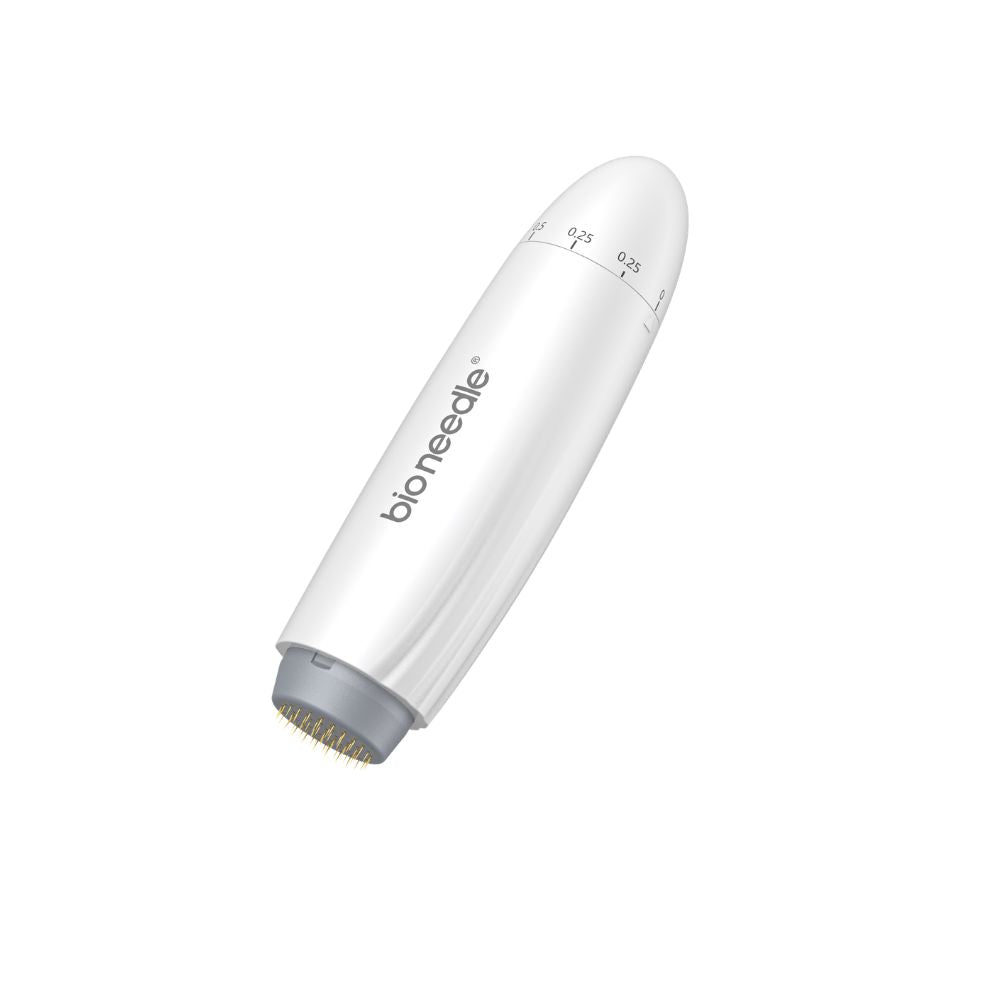 Bio Needle 60-Pin Scalp Derma Stamp angled view showing gold needles and ergonomic handle