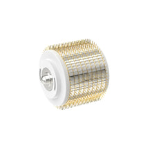 Load image into Gallery viewer, A sequence of five 1.0mm Replacement Cartridges for the Dr. Pen G5 Bio Roller, arranged horizontally with a front-facing view. Each cartridge shows a white attachment end and a roller surface with neatly aligned gold microneedles, ready for enhancing skin treatment and product absorption.
