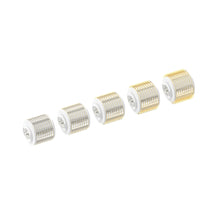 Load image into Gallery viewer, Line of five 1.5mm Replacement Cartridges for the Dr. Pen G5 Bio Roller, displayed diagonally with a focus on their cylindrical rollers covered in gold microneedles, against a white background, designed for effective skin rejuvenation and serum absorption.