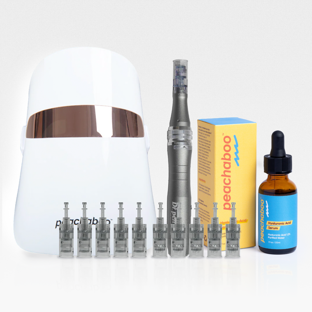 Image of bundle that include Dr. Pen M8 microneedling pen and its cartridges,  Peachaboo Hyaluronic Acid Serum, Peachaboo Glo LED Light Therapy Mask