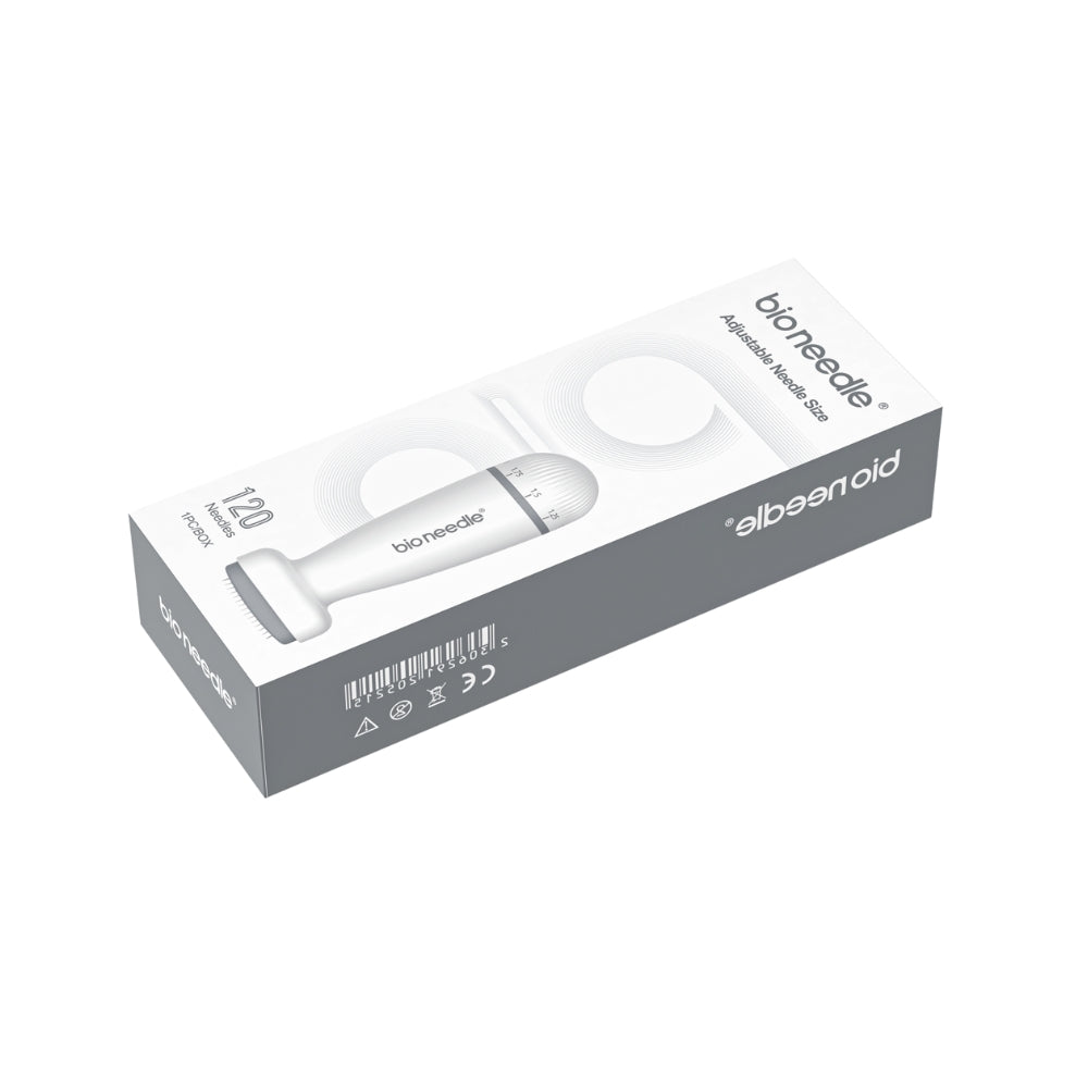 Side view of Dr. Pen Bio Needle's sleek packaging, displaying the adjustable microneedling stamp with 120-pin feature, barcode, and product information on a white and black colour scheme.