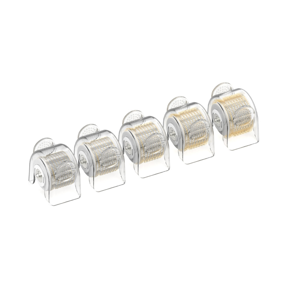 A sequence of five 1.0mm Replacement Cartridges for the Dr. Pen G5 Bio Roller, arranged horizontally with a front-facing view. Each cartridge shows a white attachment end and a roller surface with neatly aligned gold microneedles, ready for enhancing skin treatment and product absorption.