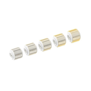 A sequence of five 1.0mm Replacement Cartridges for the Dr. Pen G5 Bio Roller, arranged horizontally with a front-facing view. Each cartridge shows a white attachment end and a roller surface with neatly aligned gold microneedles, ready for enhancing skin treatment and product absorption.