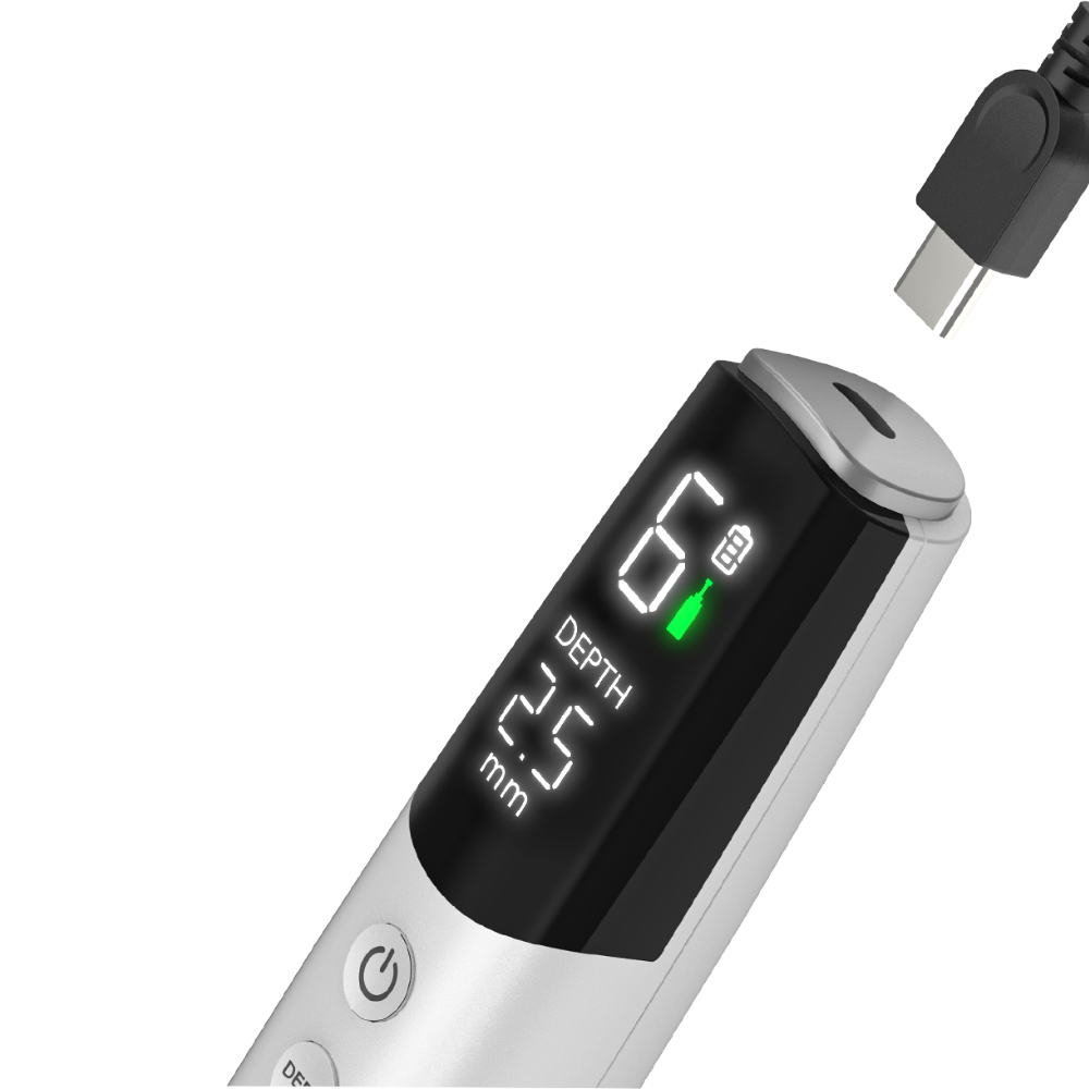 Dr. Pen M9 Microneedling Pen with digital depth and speed with a USB connection on top of the microneedling pen
