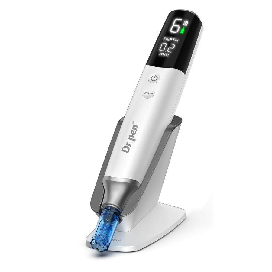 Dr. Pen M9 microneedling pen shown on a white background, featuring a sleek silver and black design with a digital LED display indicating speed level, battery status, and needle depth set to 0.2 mm. The Dr. Pen M9 microneedling pen is placed upright on its charging dock, with a blue transparent needle cartridge attached at the tip and clearly visible control buttons on the handle.