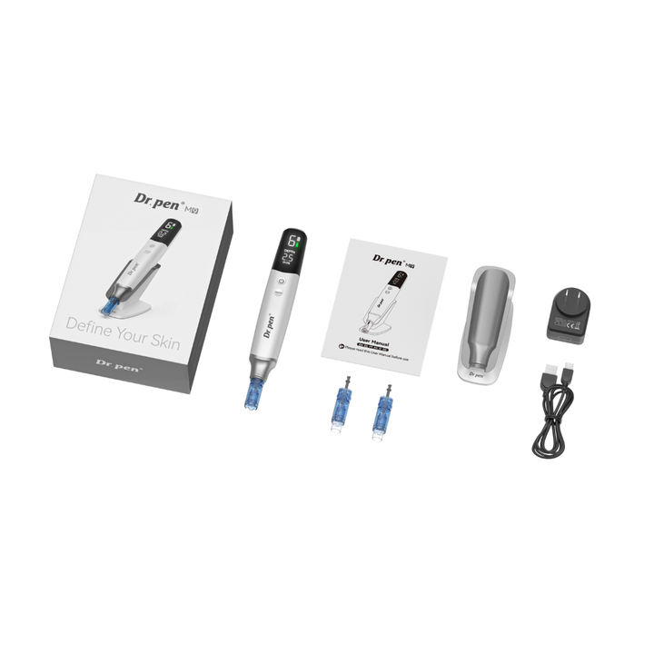 Dr. Pen M9 box includes:
1x Dr. Pen M9 Microneedling Pen
1x Smart Induction Base (Auto-Hold)
2x Nano-round Cartridges(Standard Included)
1x Type-C Charging Cable Adapter
1x User Manual