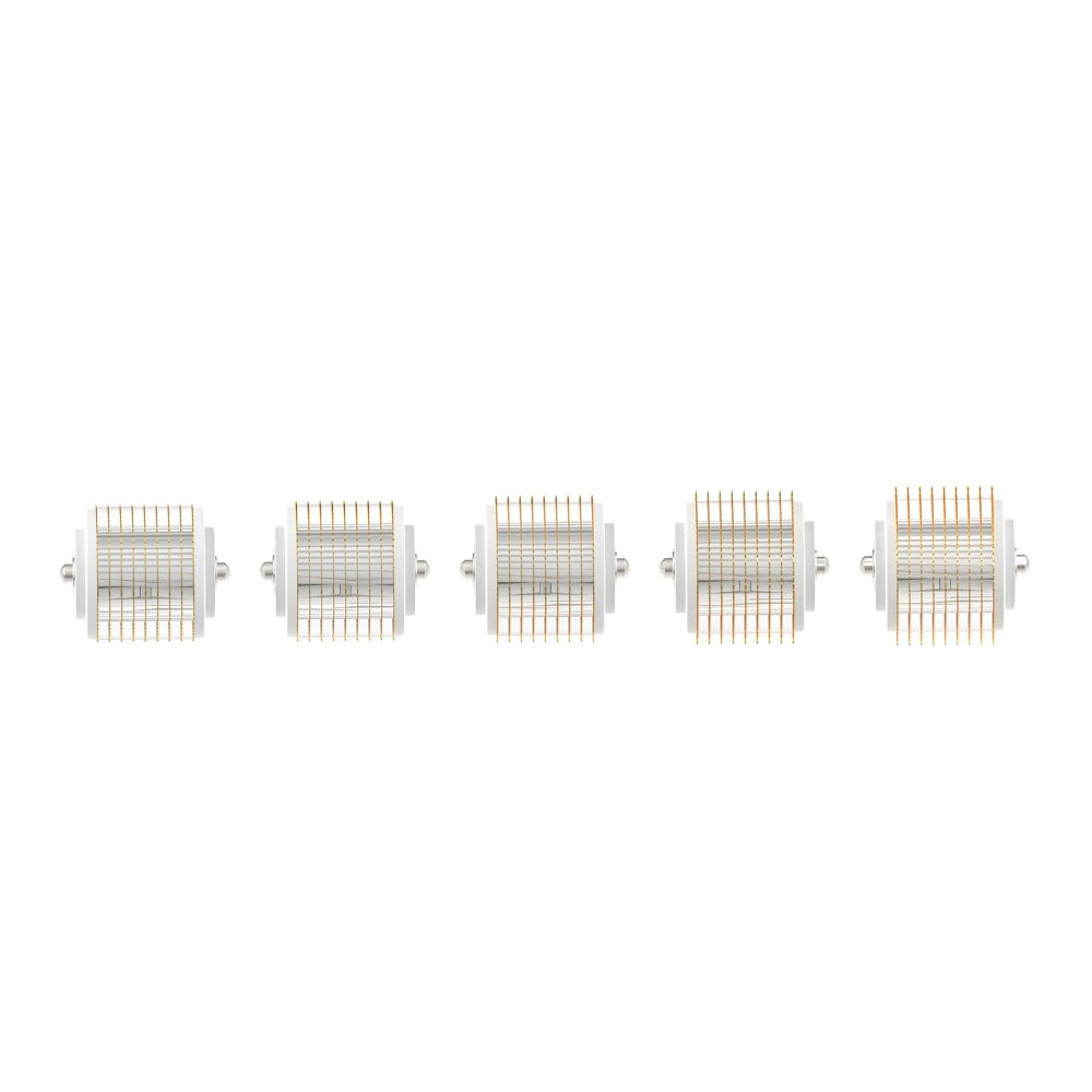 Pack of five 2.0mm Replacement Cartridges for the Dr. Pen G5 Bio Roller Microneedling Pen. Each cartridge is clear with a snap-in structure, showcasing a cylindrical roller densely packed with fine, gold-toned microneedles designed for skin rejuvenation. The cartridges are arranged in a line, incrementally turned to display all angles and the connection mechanism for the microneedling pen.