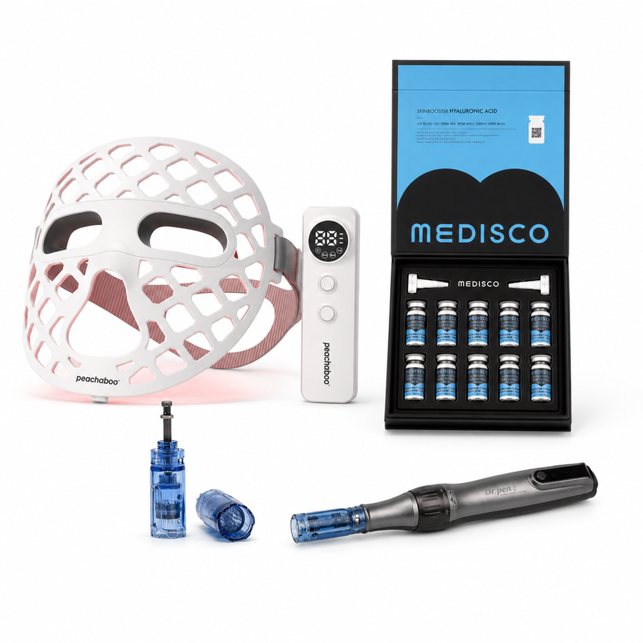 Featuring the Dr. Pen M8S microneedling pen with 18-pin cartridges for gentle skin renewal, Medisco Skinbooster Hyaluronic Acid – Intense Hydration Formula for deep and long-lasting moisture, and the Peachaboo Glo Aurora Silicone LED Light Therapy Mask to support skin recovery and enhance overall radiance.