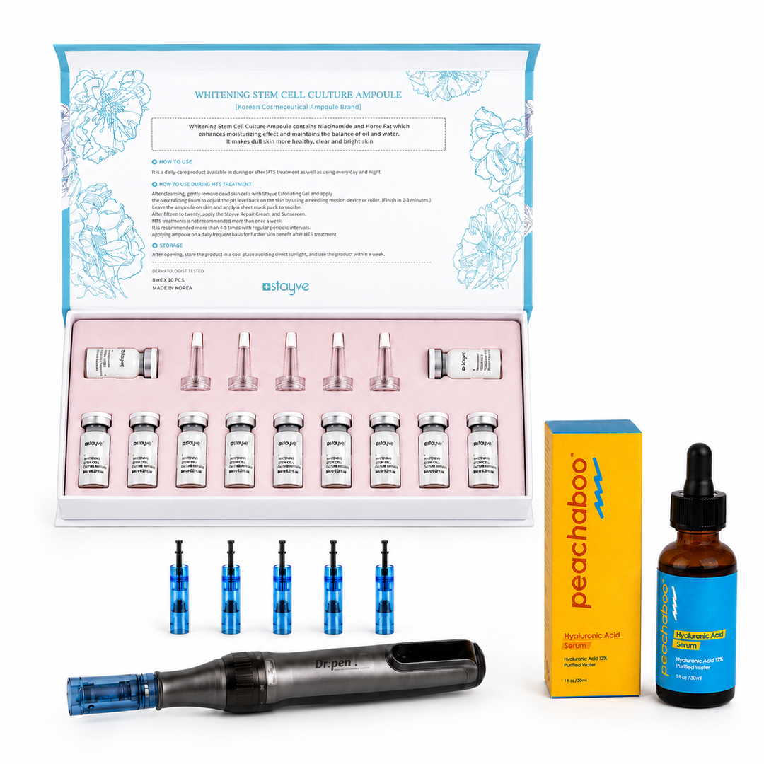 Featuring the Dr. Pen M8S microneedling pen with 18-pin and 36-pin cartridges for versatile treatments, Peachaboo Hyaluronic Acid Serum for deep hydration and skin plumping, and Stayve Whitening Stem Cell Culture Ampoule (8ml x 10 vials) to help brighten, revitalise, and improve the appearance of pigmentation for a clearer, more luminous complexion.
