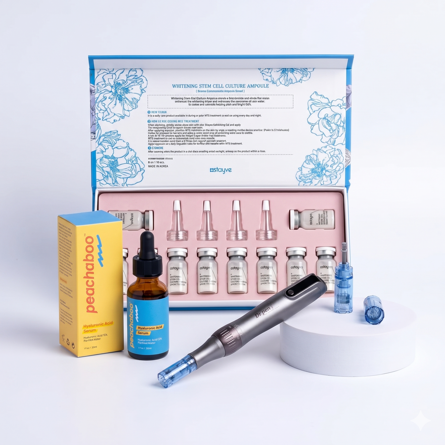 Featuring the Dr. Pen M8S microneedling pen with 18-pin and 36-pin cartridges for versatile treatments, Peachaboo Hyaluronic Acid Serum for deep hydration and skin plumping, and Stayve Whitening Stem Cell Culture Ampoule (8ml x 10 vials) to help brighten, revitalise, and improve the appearance of pigmentation for a clearer, more luminous complexion.