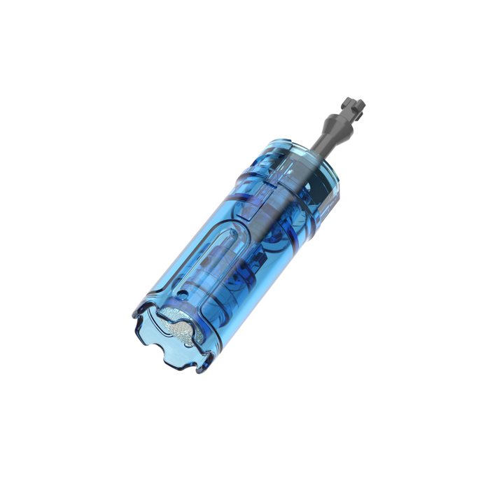Different angle of Dr. Pen M9 nano round needling cartridge with a clear blue plastic body and metal needle tip.