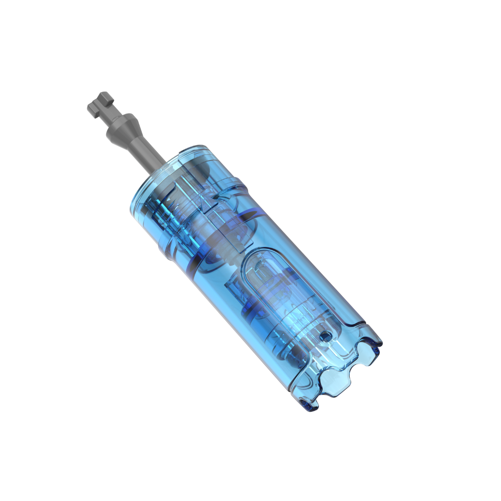 Angled view of a Dr. Pen M9 36-pin microneedling cartridge with clear blue casing, visible internal needle mechanism