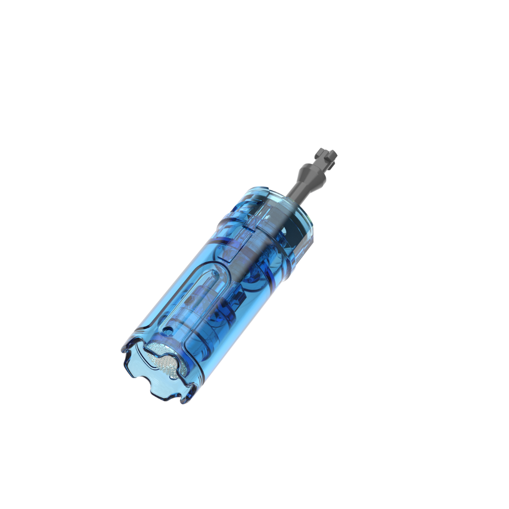 Angled view of a Dr. Pen M9 Nano round needling cartridge with a clear blue plastic body and needle tip