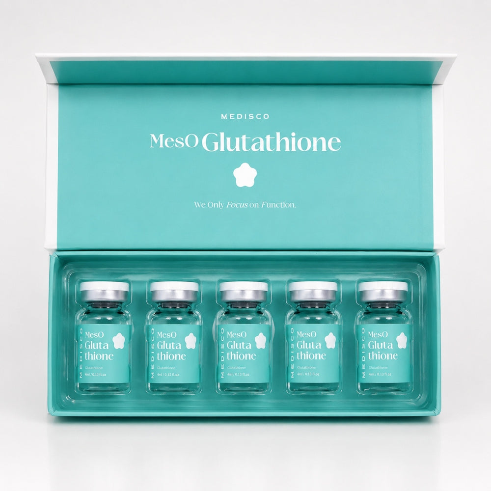 Open Medisco MesO Glutathione Ampoule box showing five neatly arranged treatment vials.