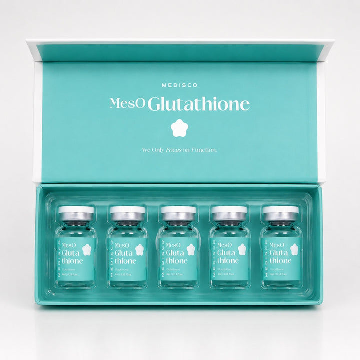 Open Medisco MesO Glutathione Ampoule box showing five neatly arranged treatment vials.