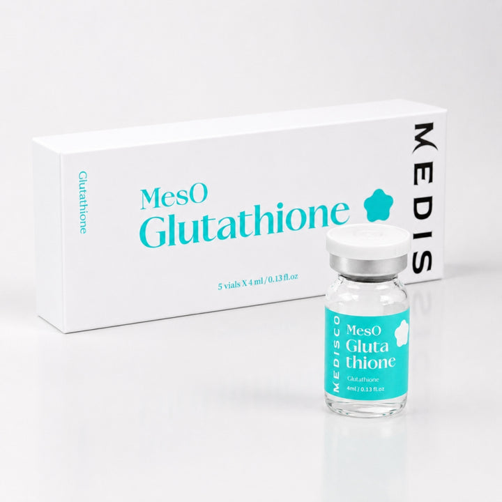 Medisco MesO Glutathione vial displayed with white box packaging on a round product stand