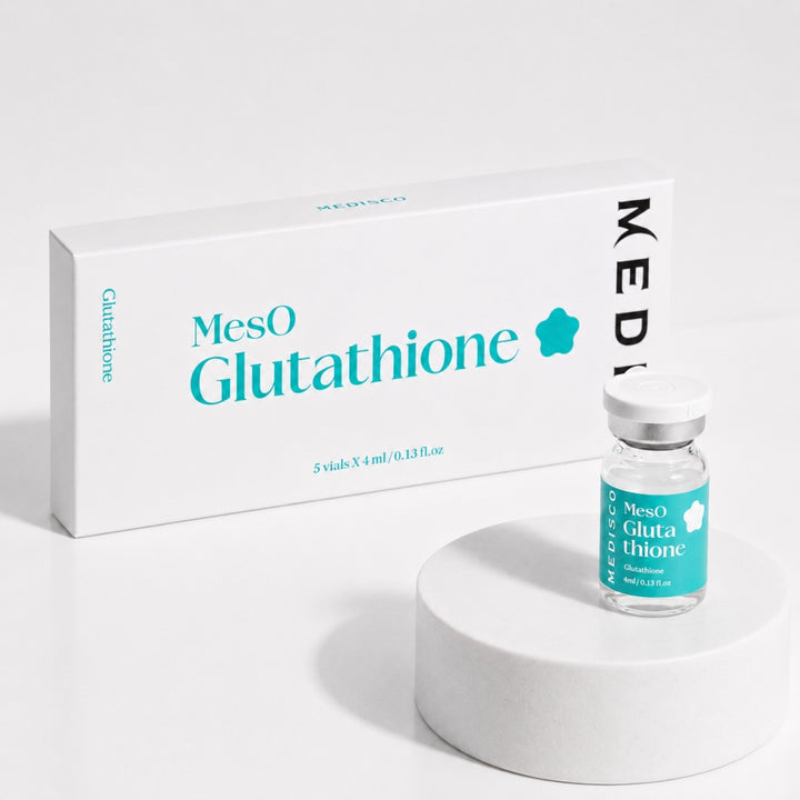 Medisco MesO Glutathione vial displayed in front of matching white and teal box packaging