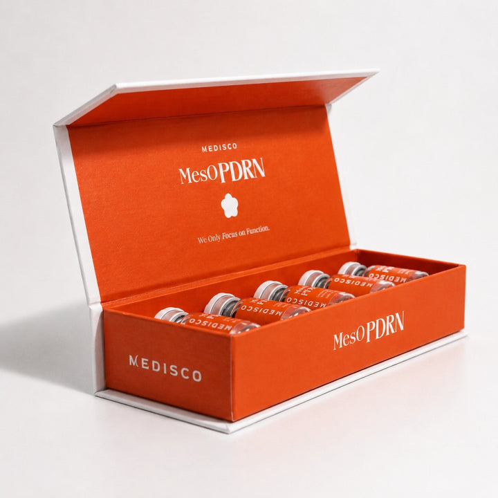 Medisco MesO PDRN Advanced Skin Regeneration Ampoule vials open box with orange packaging