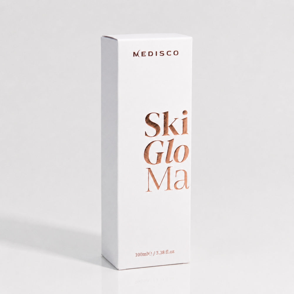 Front view of Medisco SkinGlow PDRN Collagen Mask 100 ml box packaging on white background