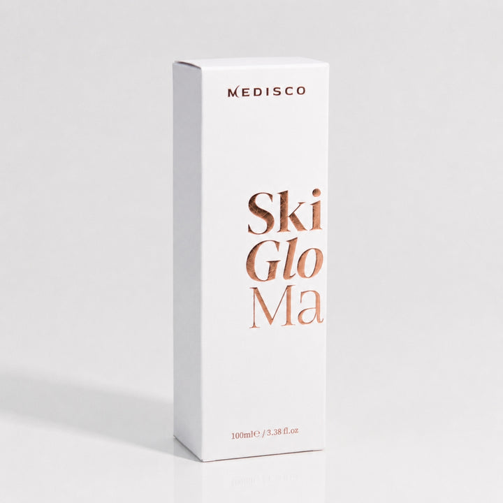 Front view of Medisco SkinGlow PDRN Collagen Mask 100 ml box packaging on white background
