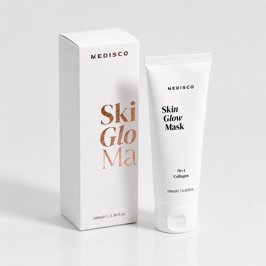 Medisco SkinGlow PDRN Collagen Mask tube and packaging box shown on a clean light grey background.