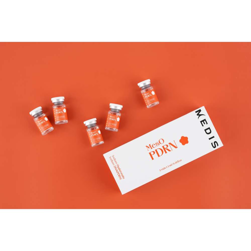 Medisco MesO PDRN Ampoule vials and box arranged on an orange background.