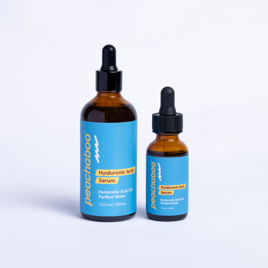 Peachaboo Hyaluronic Acid Serum in 30ml & 100ml bottles – a vegan, organic serum that deeply hydrates dry, tired, and dull skin, ideal for microneedling.