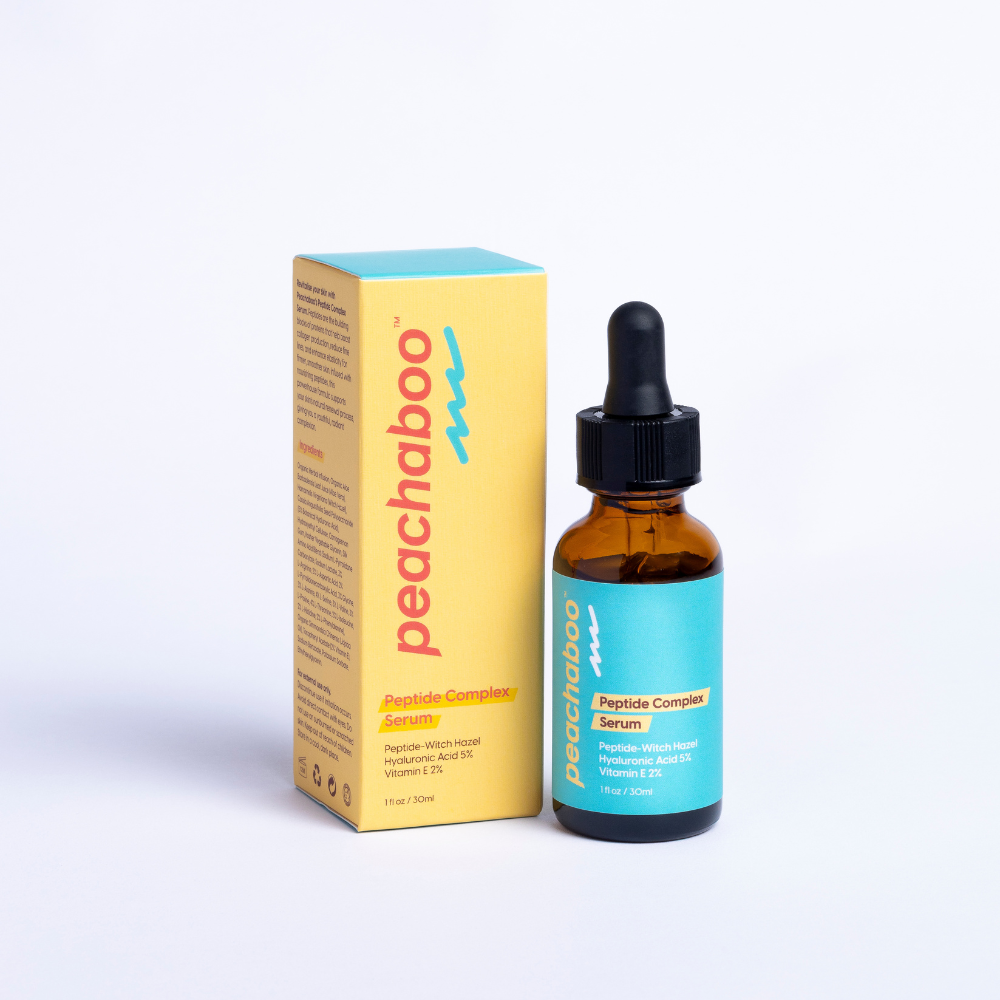 Peachaboo Peptide Complex serum bottle and packaging on a white background