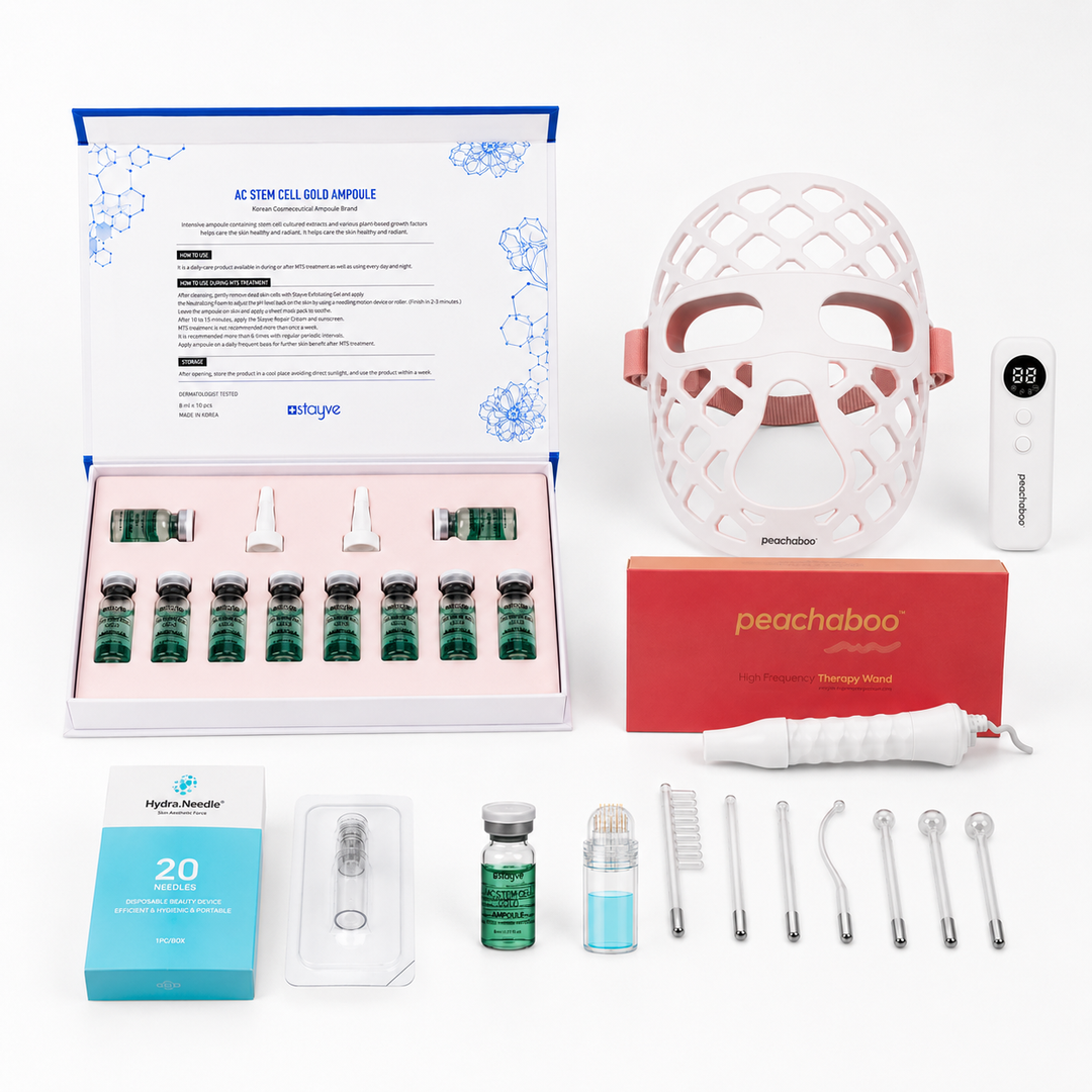 Featuring the Peachaboo Glo Aurora Silicone LED Light Therapy Mask to help calm inflammation and support skin healing, Peachaboo High-Frequency Therapy Wand for Acne (7 types of probes) to help target breakouts and reduce bacteria, Stayve AC Stem Cell Gold Ampoule (8ml x 10 vials) to soothe and support skin repair, and Dr. Pen Hydra Needle HN20 Derma Stamp (0.25mm) for gentle microneedling and skin texture refinement.