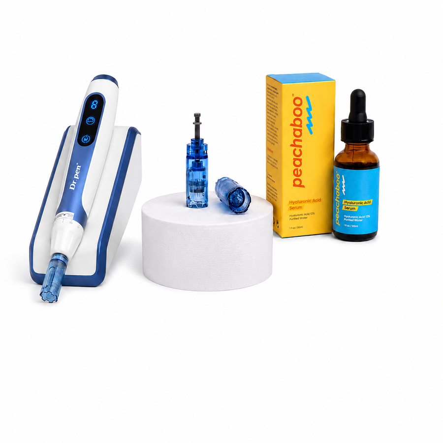 Featuring the Dr. Pen A11 device with 12-pin cartridges for precise treatment delivery, Peachaboo Hyaluronic Acid Serum for deep hydration and skin plumping, and includes a Microneedling Pen Protective Sleeve for safe and hygienic storage.