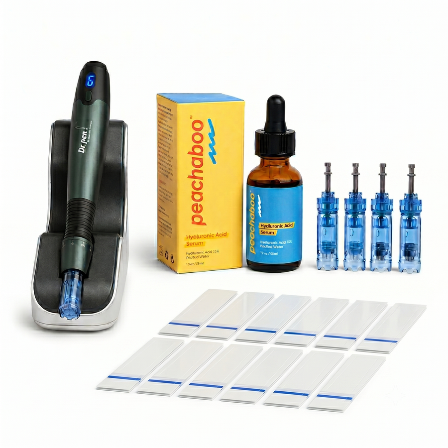Featuring the Dr. Pen A20 microneedling device with 12-pin cartridges for precise treatment performance, and Peachaboo Hyaluronic Acid Serum for deep hydration. Also included are essential clinical tools such as protective sleeve for device hygiene.