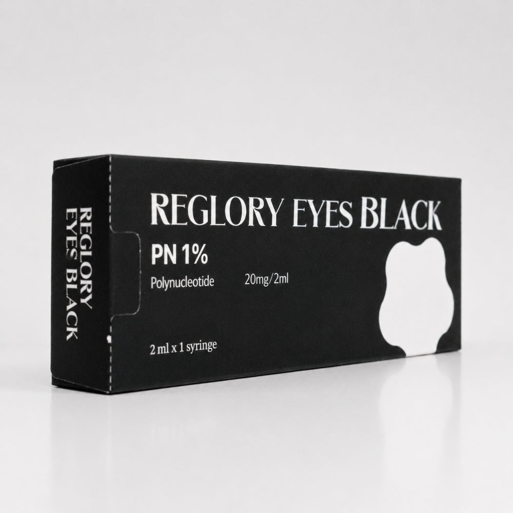 Angled view of Reglory Eyes Black PN 1% polynucleotide syringe box packaging