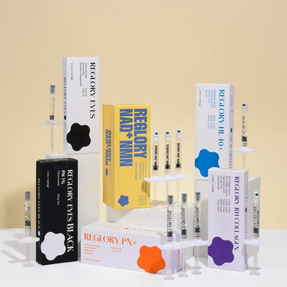 Collection of Reglory professional skincare product boxes on showcase against beige background