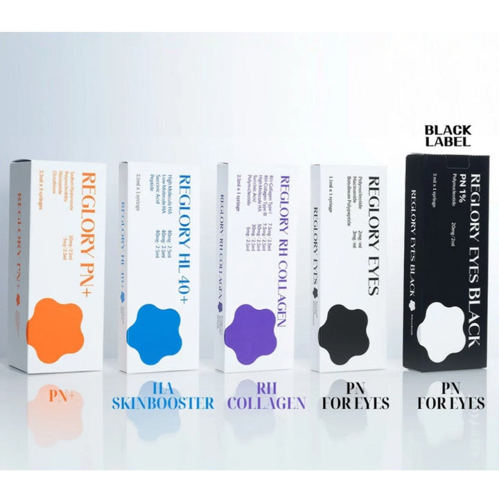 Collection of Reglory professional skincare product boxes on showcase